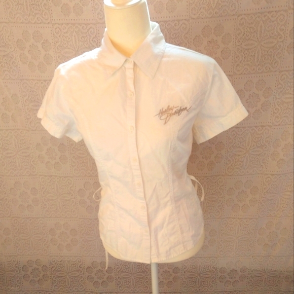 Harley Davidson White Short Sleeve Tie Back Drawstring Cinched Button Down Top - Picture 1 of 8